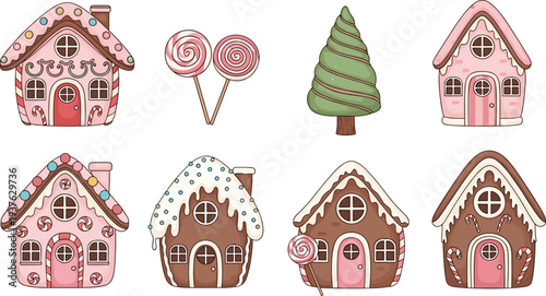 Cute Gingerbread House Christmas Vector Set with Candy Lollipops Sweet Holiday Homes Winter Tree and Festive Bakery Style Illustration Collection