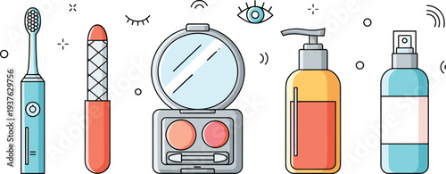 Beauty and Makeup Cosmetic Tools Vector Set with Electric Toothbrush Lipstick Compact Powder Pump Bottle and Spray Container for Skincare and Personal Care Design