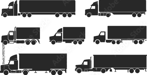 Truck silhouette set cargo delivery semi trailer transport vehicle logistics black vector icons collection isolated freight transportation illustration