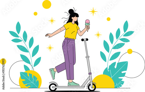 Young Woman Riding Electric Scooter While Eating Ice Cream Vector Illustration Urban Summer Lifestyle, Eco Friendly Transport and City Mobility Concept