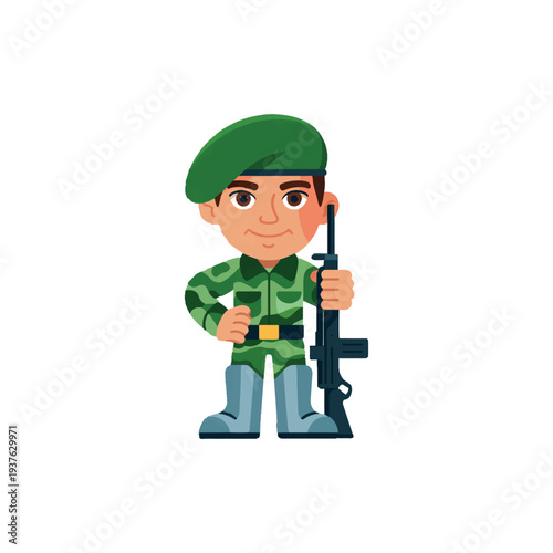 Cartoony soldier in green uniform holding a rifle with a friendly smile