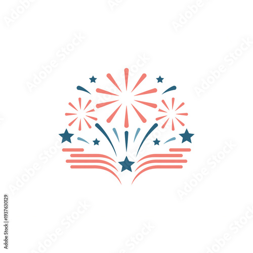 Vibrant fireworks exploding over open book with stars
