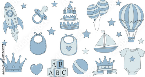 Cute Baby Boy Elements Vector Set with Rocket Balloon Cake Crown Bib Blocks Sailboat and Onesie for Baby Shower Decoration and Nursery Design