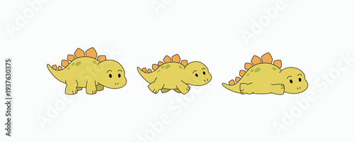 Cute yellow stegosaurus dinosaur character set with orange plates in standing, walking, and sleeping poses