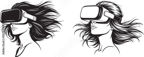 Woman Wearing Virtual Reality Headset Line Art Illustration. 