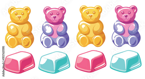 Colorful gummy bears and candies on white background