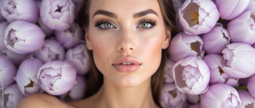 Obraz premium Horizontal header, panoramic banner featuring a close-up of a beautiful young woman’s face with professional makeup on a purple tulip background for beauty and floristry marketing