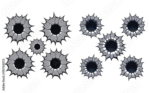 Bullet holes in white background, dramatic impact effect