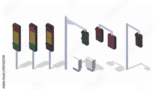 Isometric Japanese Traffic Signal Equipment Vector Set