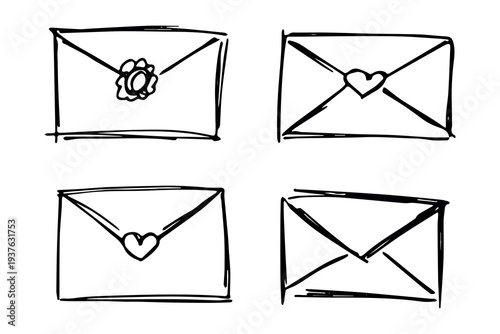Set of hand drawn envelope with letter inside Mail and correspondence doodle Love, communication, invitation Single element for design, print, decor