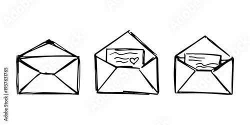 Set of hand drawn envelope with letter inside Mail and correspondence doodle Love, communication, invitation Single element for design, print, decor