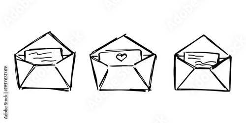 Set of hand drawn envelope with letter inside Mail and correspondence doodle Love, communication, invitation Single element for design, print, decor