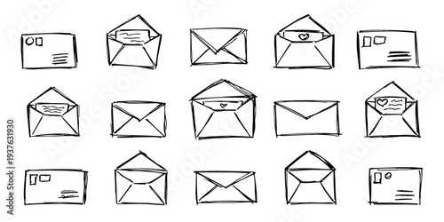Set of hand drawn envelope with letter inside Mail and correspondence doodle Love, communication, invitation Single element for design, print, decor