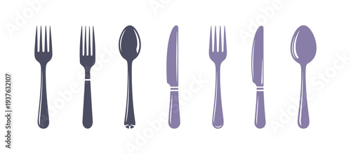 Colorful glyph icon showing forks, knives, and spoons. Dinner utensils for eating at home. Kitchen equipment. Attractive tableware design. Silhouette symbol on a white background. Vector illustration 