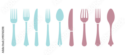 Bright glyph icons of fork, knife, and spoon used as tableware for home dining. Isolated vector symbol on white space.