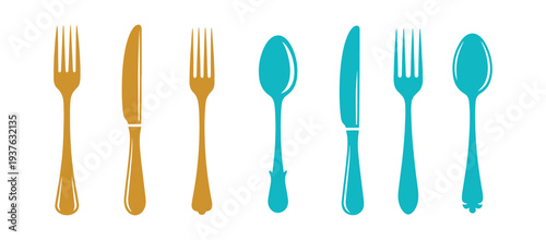 Colorful glyph icon set of forks, knives, and spoons representing dining utensils. Vector illustration isolated on a white background.