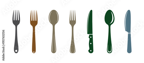 Multicolor glyph icon of dining cutlery including fork, knife, and spoon. Kitchen tableware illustration on a white background.
