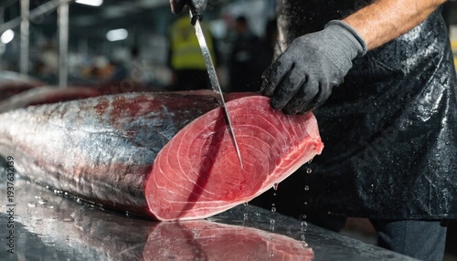 Bustling Traditional Japanese Fish Market Scene with Fresh Seafood on Ice, Featuring Tuna, Salmon, Shrimp, and Octopus, with Vendors and Customers in a Vibrant Indoor Commercial Setting.