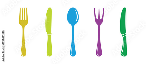 A colorful glyph icon of forks, knives, and spoons. Dining accessories for home use. Kitchen supplies. Lovely design of tableware. Silhouette symbol on a white space. Isolated vector illustration.