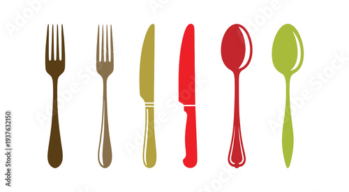 Forks, knives, and spoons in a colorful glyph icon. Eating accessories for home dining. Kitchen tools. Beautifully designed tableware. Silhouette symbol on a white space. Isolated vector illustration.
