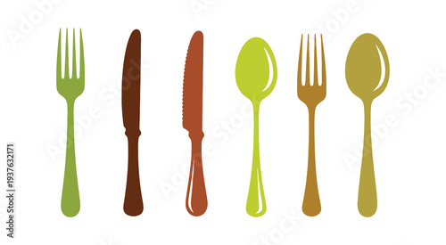 Colorful glyph icon of forks, knives, and spoons. Dinner tools for home dining. Kitchen gear. Stunning tableware design. Silhouette symbol on a white background. Isolated vector illustration.