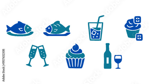 Modern blue drink and dessert icons including wine bottle, cocktail glass, juice, and cupcake.