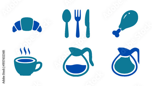 Modern breakfast icon set including croissant, coffee cup, cutlery, teapot, and chicken leg.