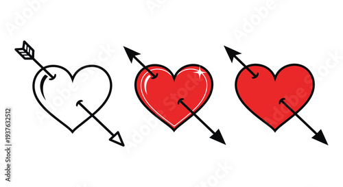 Set of three Cupid arrow pierced heart vector graphic illustrations showing different design styles