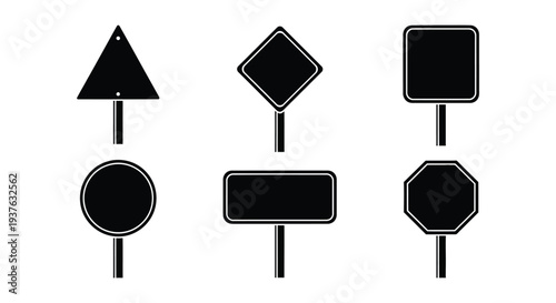 Versatile collection of blank road sign shapes on poles, a modern vector graphic illustration design for various informational graphics.