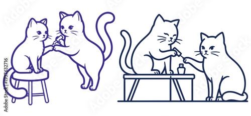 Cats engaging in human activities with playful expressions