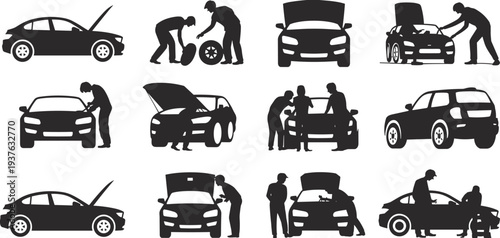 Black car repair silhouettes set with mechanics working on engines, changing tires, and inspecting vehicles, isolated vector icons for automotive services.