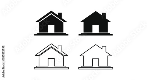 Set of four diverse home vector graphic illustrations depicting both solid fill and outline house icons for web design.