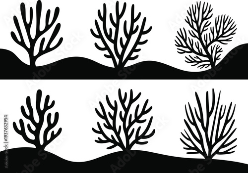Black Coral Reef Silhouette Collection, Underwater Sea Plant Vector Illustration, Ocean Marine Life Icons, Aquatic Nature Decorative Elements for Design,