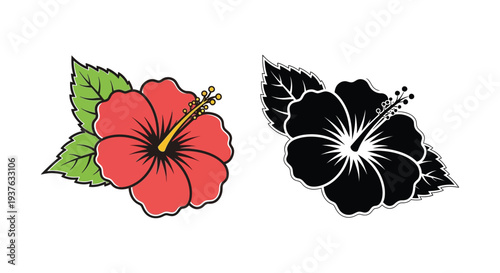Vector graphic illustration set featuring a colorful red hibiscus flower alongside its silhouette design