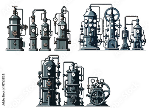 Industrial machinery and equipment in a factory setting with steam engines