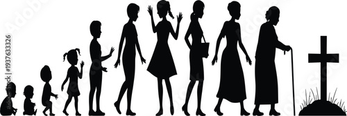 Human life cycle evolution of woman from birth to old age and death vector illustration design