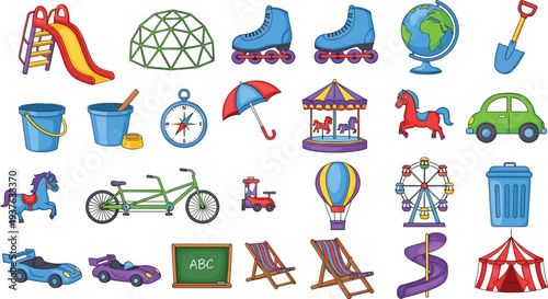 Kids Playground and Amusement Park Icon Set with Slide Roller Skates Carousel Ferris Wheel Bicycle Tent and Fun Activities Vector Illustration.
