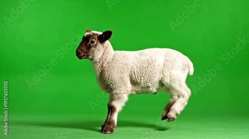 A young lamb with white wool and a brown face stands on a vibrant green screen background, looking to the left.