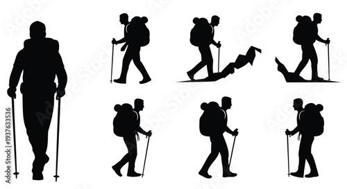 Silhouettes of Hikers with Backpacks and Poles trekking