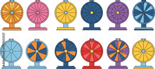 Colorful Spin Wheel Game Set for Carnival Prize Draw Lucky Raffle Contest Casino Event and Random Selection Vector Illustration.
