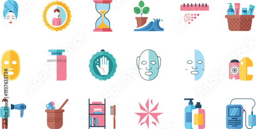 Beauty and Skincare Icon Set with Face Mask Mirror Cosmetics Hair Dryer Lotion and Personal Care Routine Vector Illustration.