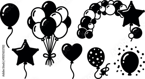 Flat design party balloon icon set assorted shapes star heart cluster garland and confetti in simple silhouette style decorative vector