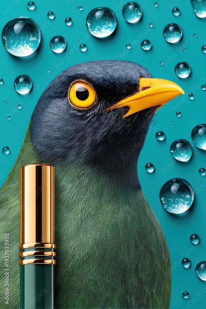 Naklejka premium Close-up of a raven-like bird with a gold pen and water droplets on a turquoise background