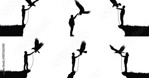 Black Silhouette Collection of Falconers with Eagles on Cliffs, Men Training Birds of Prey, Hunter and Predator Vector Flat Illustration,
