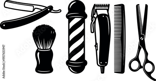 Silhouette vintage barber tools set close up straight razor shaving brush barber pole electric clippers comb scissors flat vector minimal