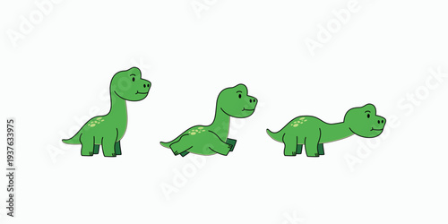 Cute green brachiosaurus dinosaur character set in standing, sitting, and walking poses for kids design