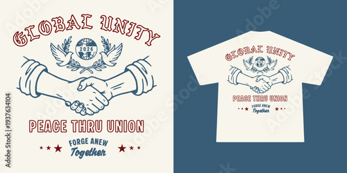 Hand drawn illustration Global Unity,  Peace Anti War Vector Illustration – Handshake, Dove and No More War T-Shirt Design