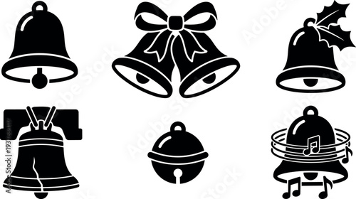Flat design black silhouette christmas bell icon set six variations close up isolated on white background simple stencil style collection