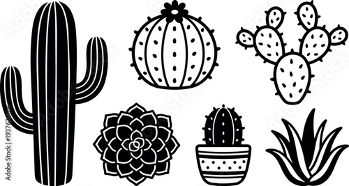 Line art minimalist black cactus and succulent set with potted barrel saguaro prickly pear close up vector icons isolated simple