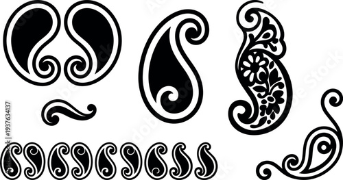 Ornamental paisley vector set close up floral teardrop motifs black and white decorative swirls elegant isolated elements outline bold shapes